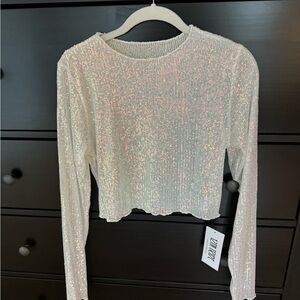12th Tribe Lily Cropped Sequin White Long Sleeve Top